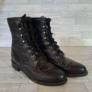 Women's Justin Western Black Leather Combat Kiltie Lace Up Cowboy Boots Size 5.5